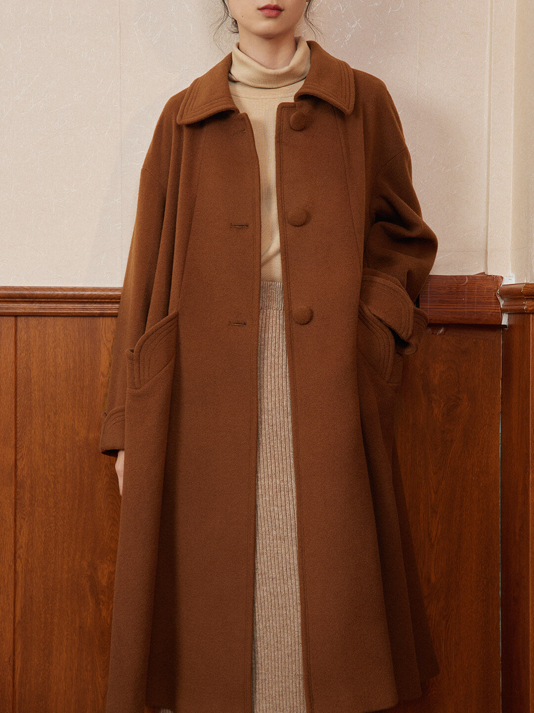 Bella Vintage 100% Wool Caramel Long Coat/Simple Retro/77007