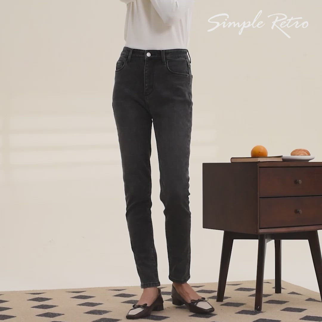 Jane High-waisted Skinny Blue Fleece Jeans/Simple Retro/66018