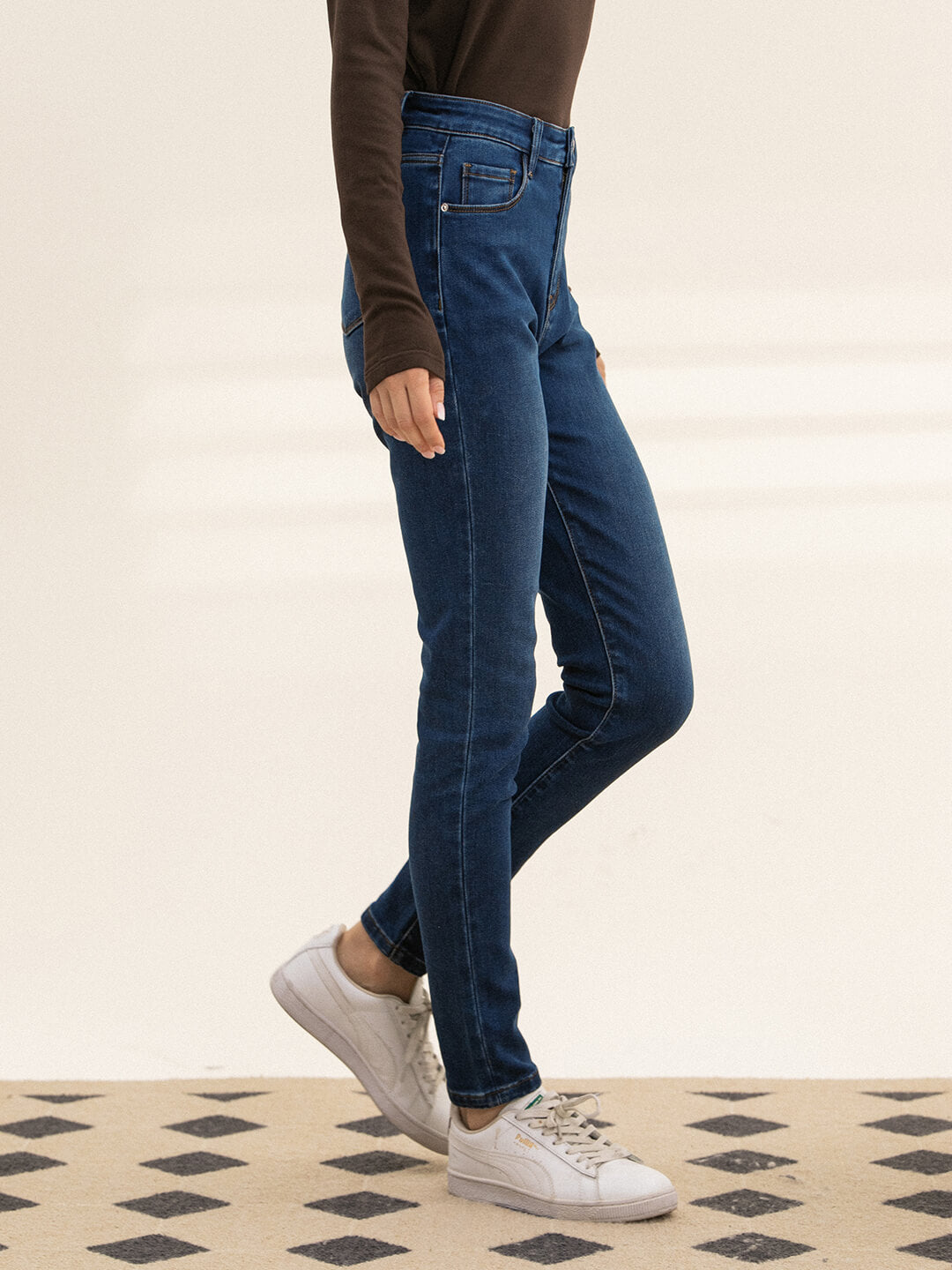 Jane High-waisted Skinny Blue Fleece Jeans/Simple Retro/66018