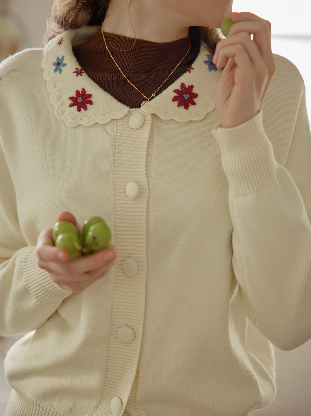 Grace Floral Embroidered Apricot Knit Cardigan/SIMPLERETRO