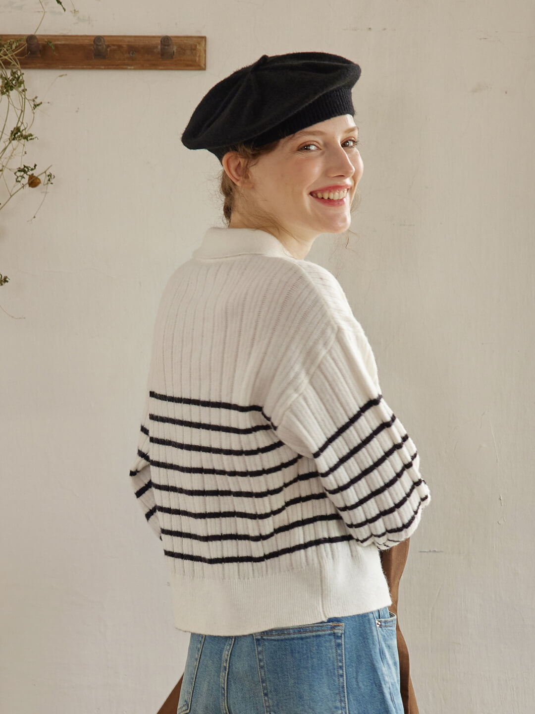 Davian Striped White Polo Knit Top/simple retro