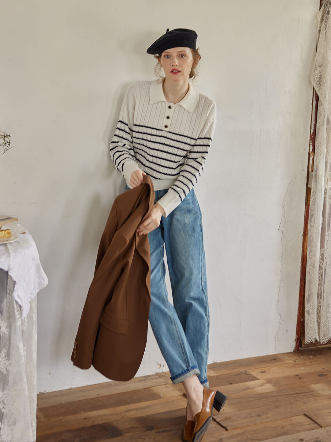 Davian Striped White Polo Knit Top/simple retro