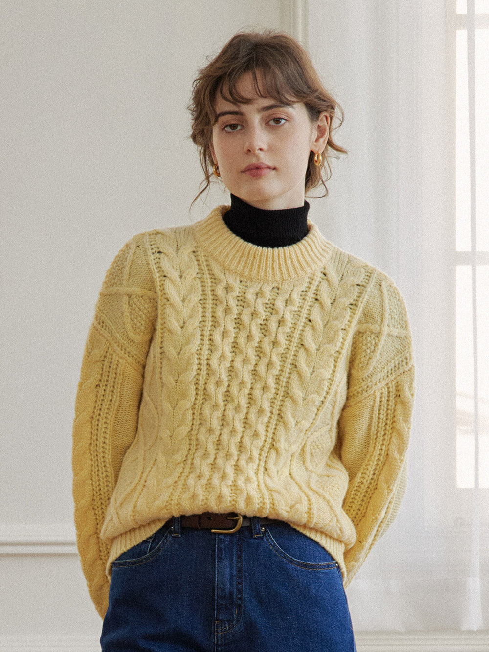 【Final Sale】Raina Cable Yellow Irish Knit Wool Sweater