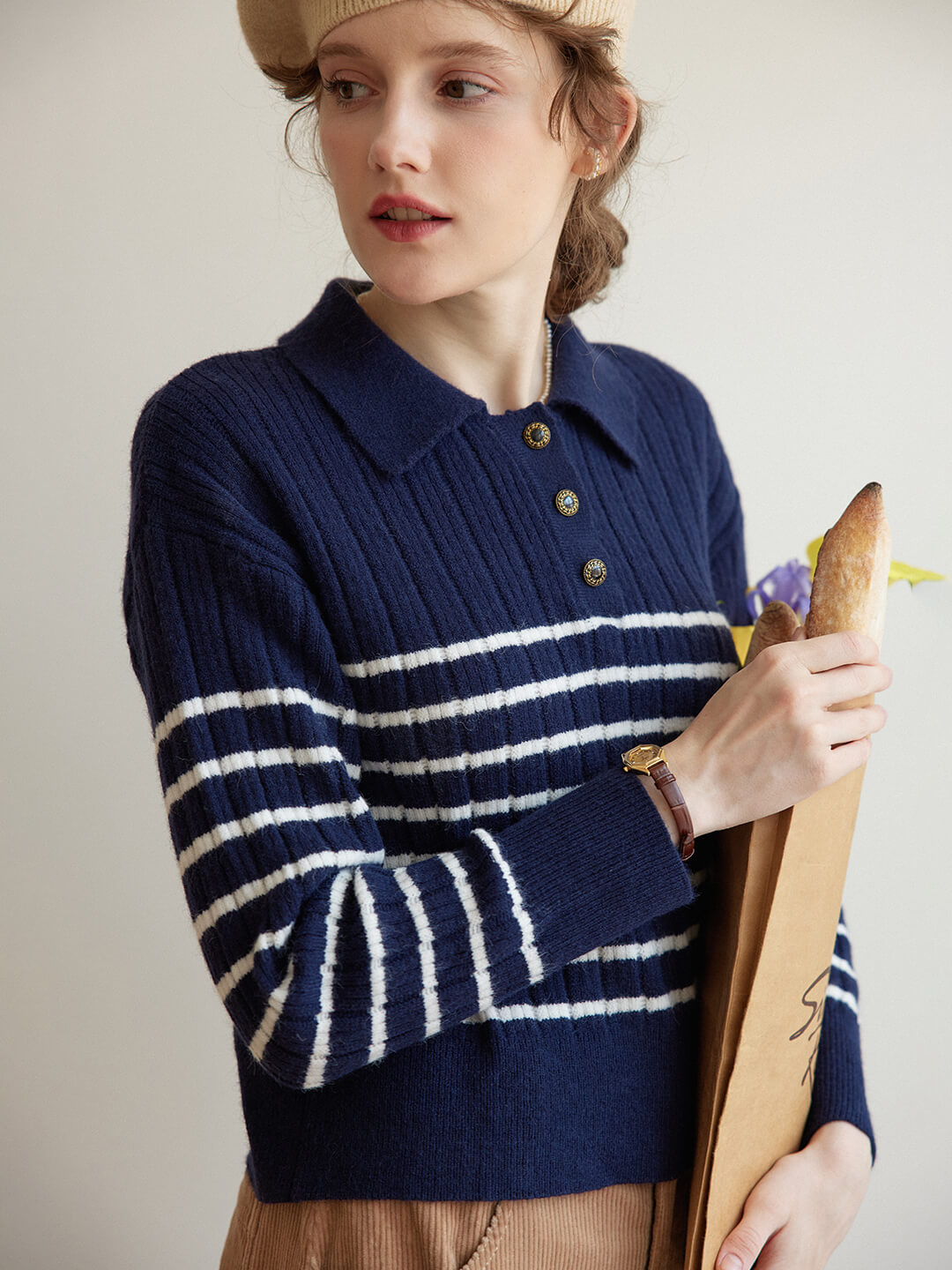 Davian Striped Blue Polo Knit Top/SIMPLERETRO