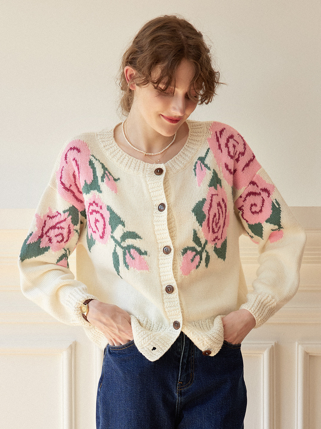 Noemi Rose Jacquard White Knit Cardigan/simpleretro