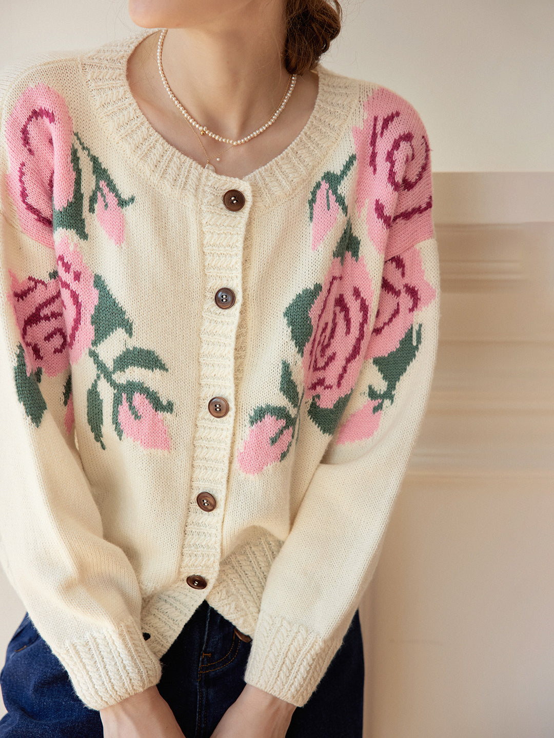 Noemi Rose Jacquard White Knit Cardigan