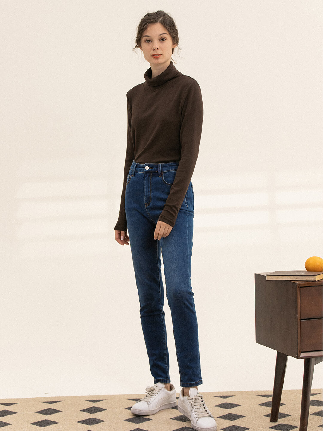 Jane High-waisted Skinny Blue Fleece Jeans/Simple Retro/66018