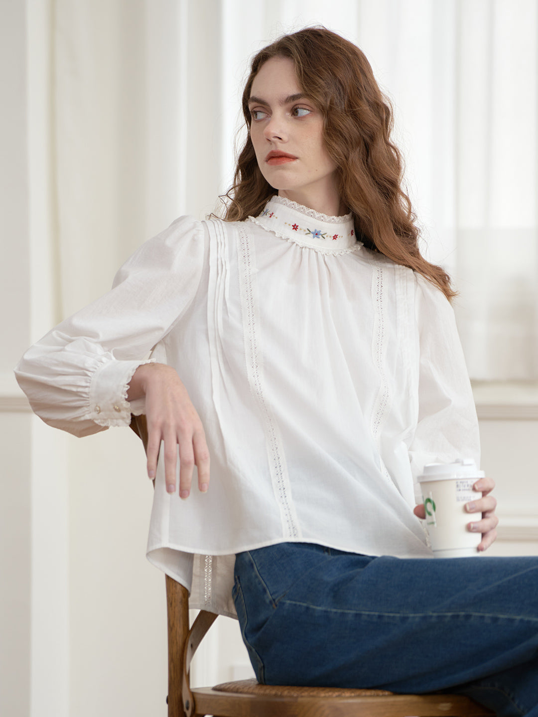 【Final Sale】Aylin Mock Neck Embroidered White Shirt