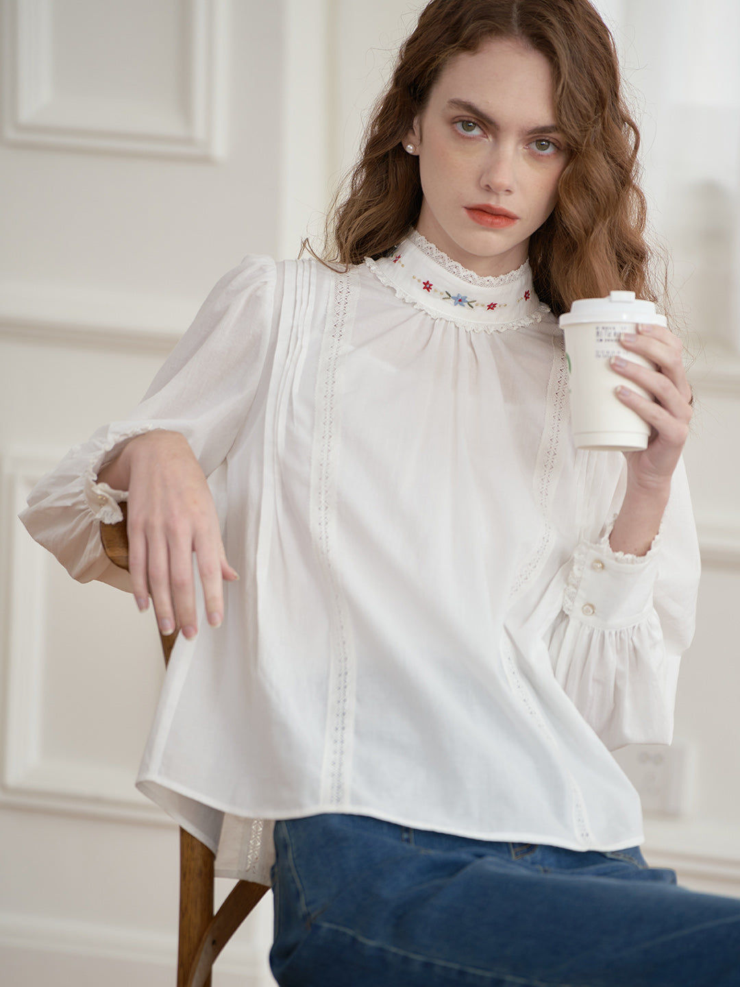 【Final Sale】Aylin Mock Neck Embroidered White Shirt