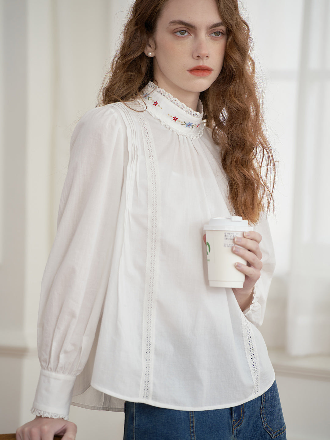 【Final Sale】Aylin Mock Neck Embroidered White Shirt