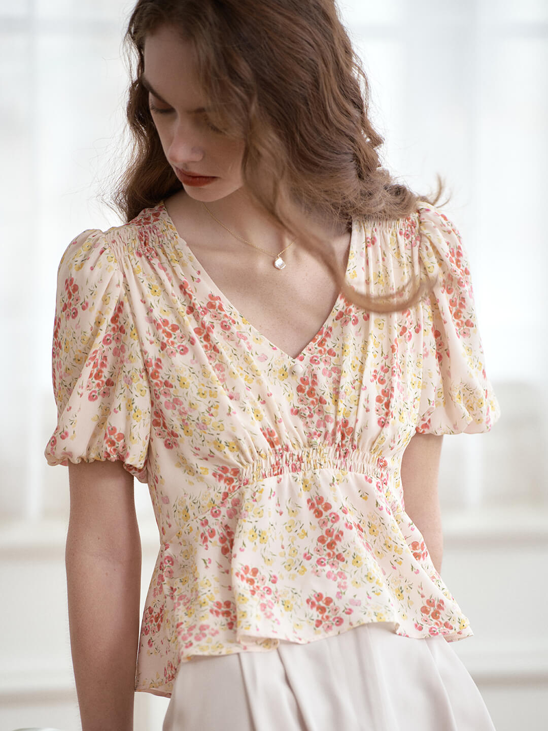 Luciana Tulip French Style Large V-neck Floral Shirt