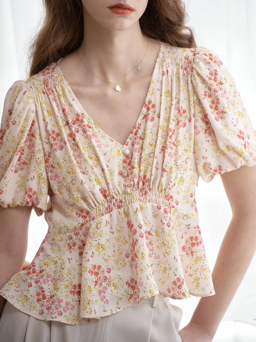 Luciana Tulip French Style Large V-neck Floral Shirt